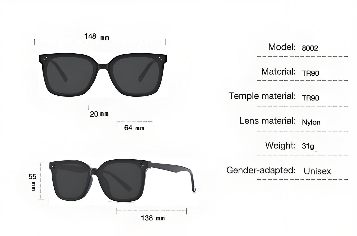 Trendy Black Square Sunglasses for Women Men, Oversized Lightweight TR90 Frame UV400 Protection