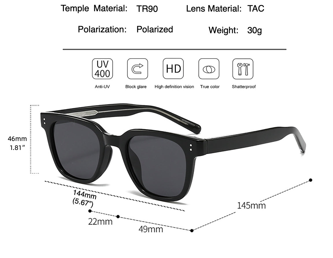TR90 Polarized Square Sunglasses for Men Women Black or Tortoise frame UV Protection